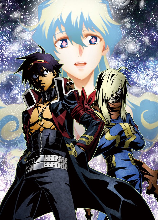 +_+ 1girl 2boys belt bodysuit boota_(ttgl) cross-shaped_pupils crossed_arms frown galaxy goggles goggles_on_head hands_in_pockets high_contrast mori_kotarou multiple_boys nia_teppelin sarashi simon_(ttgl) space standing star_(sky) symbol-shaped_pupils tengen_toppa_gurren_lagann topless_male viral_(ttgl)