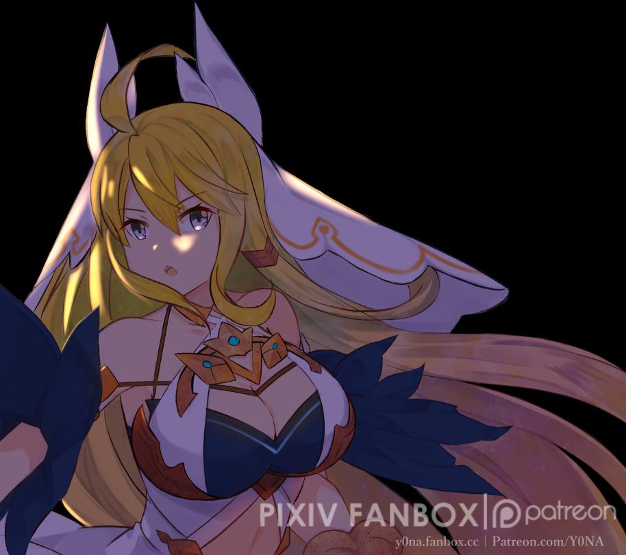 1girl ahoge bare_shoulders black_background blonde_hair blue_eyes breasts collarbone dragalia_lost dress fanbox_logo fanbox_username large_breasts long_hair looking_at_viewer navel open_mouth patreon_logo patreon_username white_dress yona_(illusty0na) zethia