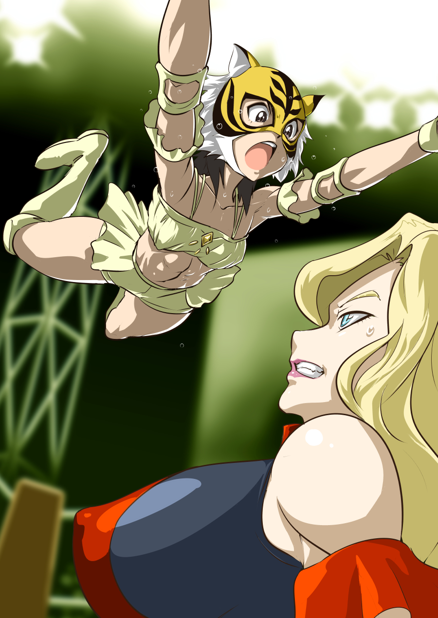 10s 2girls abs blonde_hair boots breasts brown_hair commentary_request elbow_pads flying_body_attack highres huge_breasts mask midriff miss_x_(tiger_mask) multiple_girls shimotsuki_juugo small_breasts spring_tiger sweat takaoka_haruna tiger_mask_(series) tiger_mask_w wrestling_outfit wrestling_ring