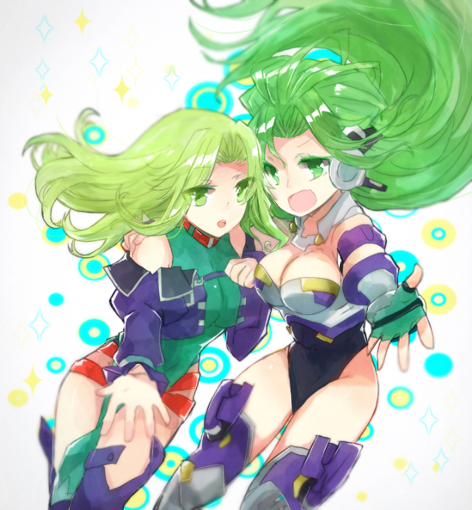 2girls :d :o android aschen_brodel bad_id bad_pixiv_id bare_shoulders boots breasts cleavage collar fingerless_gloves gloves green_eyes green_gloves green_hair hand_on_another&#039;s_shoulder headgear jacket lamia_loveless large_breasts leotard long_hair long_sleeves looking_at_viewer miduki66 multiple_girls nunuko_(mu661129) open_hand open_mouth puffy_long_sleeves puffy_sleeves sleeveless smile super_robot_wars super_robot_wars_og_moon_dwellers super_robot_wars_og_saga_mugen_no_frontier super_robot_wars_original_generation thigh_boots thighhighs white_background