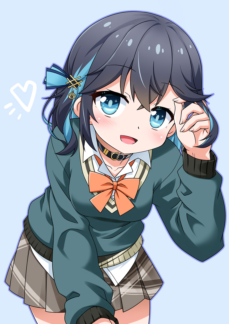 1girl :d akou_roushi arm_up black_choker black_hair blue_background blue_eyes blue_hair blue_sweater bow breasts choker collared_shirt copyright_request grey_skirt hair_between_eyes hand_in_own_hair heart leaning_forward long_sleeves looking_at_viewer multicolored_hair open_mouth orange_bow pleated_skirt puffy_long_sleeves puffy_sleeves school_uniform shirt simple_background skirt small_breasts smile solo streaked_hair sweater white_shirt