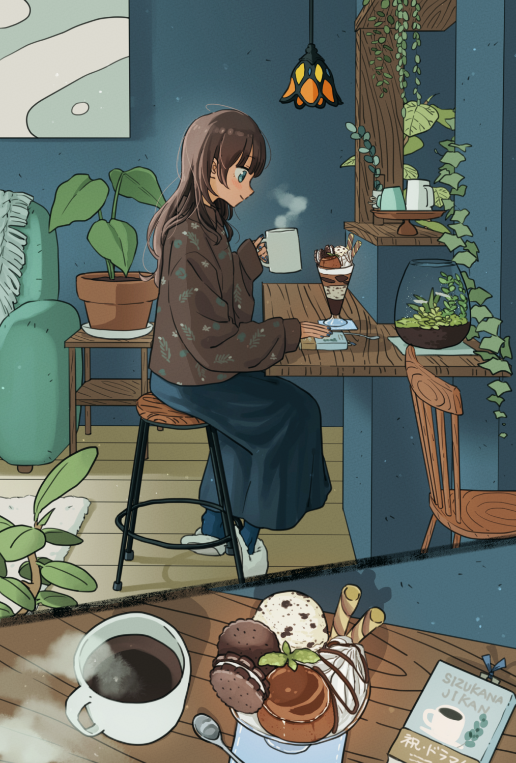 1girl blue_eyes blue_skirt book brown_hair brown_shirt chair closed_mouth coffee coffee_mug collared_shirt commentary couch cup english_commentary food from_side full_body highres holding holding_cup ice_cream indoors lamp long_hair long_sleeves matsumine_(twin-mix) mug original painting_(object) parfait plant potted_plant profile romaji_text shirt sitting skirt slice_of_life smile solo spoon steam stool table