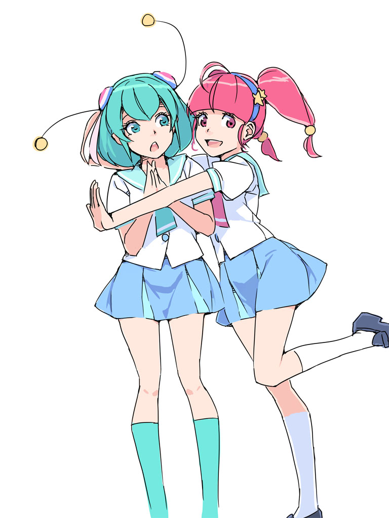 2girls :d ahoge akinbo_(hyouka_fuyou) black_footwear blue_eyes blue_hair blue_hairband blue_neckwear blue_sailor_collar blue_skirt blue_socks bun_cover collared_shirt hagoromo_lala hair_ornament hairband hoshina_hikaru kneehighs loafers long_hair mihoshi_middle_school_uniform miniskirt multiple_girls open_mouth pink_hair pink_neckwear pleated_skirt precure red_eyes sailor_collar sailor_shirt school_uniform serafuku shirt shoes short_hair short_sleeves simple_background skirt smile socks standing standing_on_one_leg star_(symbol) star_hair_ornament star_twinkle_precure twintails white_background white_legwear white_shirt