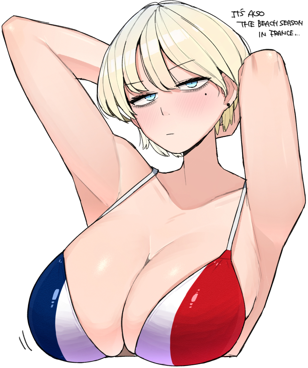 1girl bikini blonde_hair blue_eyes blush breasts cleavage flag_print france_(ohasi) french_flag french_flag_bikini large_breasts looking_at_viewer ohasi original print_bikini short_hair simple_background solo swimsuit upper_body white_background