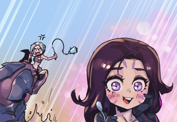 2girls :d anger_vein bikini blush breasts brown_bikini cleavage creature eating food holding holding_weapon kai&#039;sa league_of_legends multicolored_background multiple_girls open_mouth phantom_ix_row pink_eyes portrait red_hair rek&#039;sai sejuani short_hair smile solo_focus swimsuit teeth upper_teeth_only weapon