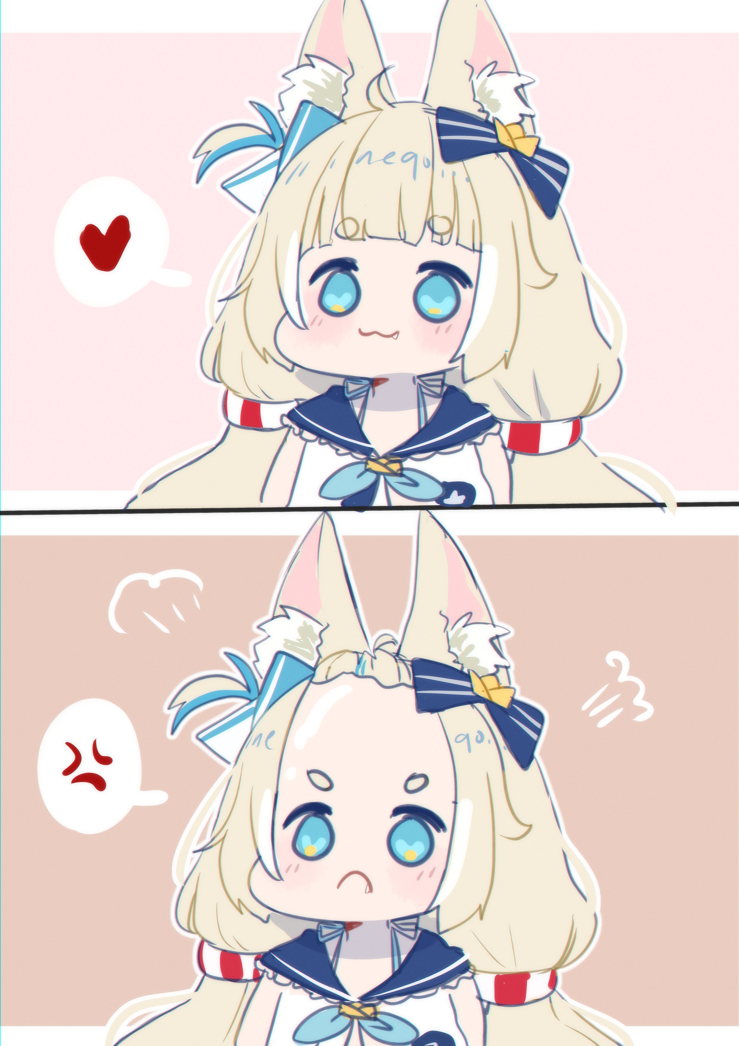 1girl absurdres anger_vein animal_ear_fluff animal_ears blonde_hair blue_eyes blue_hair cat_ears dress fish_girl forehead heart highres indie_virtual_youtuber large_forehead lifebuoy_hair_ornament long_hair looking_at_viewer low_twintails multicolored_hair neqo_(neneneqo) sameko_saba sleeveless smile solo spoken_anger_vein spoken_heart streaked_hair twintails very_long_hair virtual_youtuber white_dress