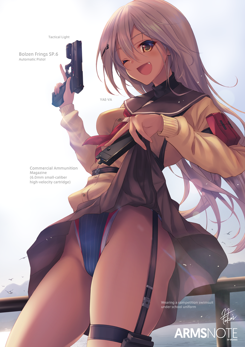 1girl ;d ammunition arms_note bird blonde_hair blue_one-piece_swimsuit blue_sky blush brown_eyes brown_skirt character_request clothes_lift competition_swimsuit cowboy_shot day english_text fang female_focus fukai_ryosuke gun hair_between_eyes hair_ornament hairclip hand_up handgun highleg highleg_one-piece_swimsuit holding holding_gun holding_weapon holster lifting_own_clothes long_hair long_sleeves looking_at_viewer machine_pistol magazine_(weapon) neckerchief one-piece_swimsuit one_eye_closed open_mouth original outdoors pistol railing red_neckerchief river school_uniform serafuku signature skirt skirt_lift sky smile solo standing striped_clothes striped_one-piece_swimsuit submachine_gun swimming_club_kouhai_(fukai_ryousuke) swimsuit swimsuit_under_clothes thigh_holster thigh_strap thighs trigger_discipline upper_body vertical-striped_clothes vertical-striped_one-piece_swimsuit very_long_hair weapon