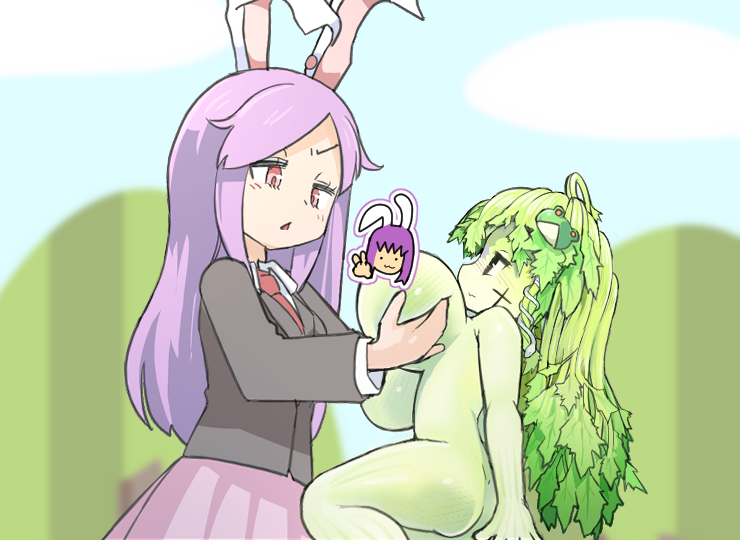 2girls :3 animal_ears black_jacket blazer blue_sky blurry blurry_background blush breasts censored censored_nipples character_censor cloud collared_shirt commentary_request completely_nude cookie_(touhou) cowboy_shot cross fake_hisui_(cookie) frog_hair_ornament grabbing_another&#039;s_breast green_hair green_skirt groping hair_ornament hisui_(cookie) jacket kirai_(hatetenn) kochiya_sanae large_breasts long_hair long_sleeves looking_at_another looking_at_breasts monster_girl multiple_girls necktie novelty_censor nude open_mouth paseri_(cookie) pink_eyes pink_skirt plant_girl plant_hair rabbit_ears rabbit_girl red_necktie reisen_udongein_inaba shirt skirt sky snake_hair_ornament swept_bangs touhou v-shaped_eyebrows white_shirt