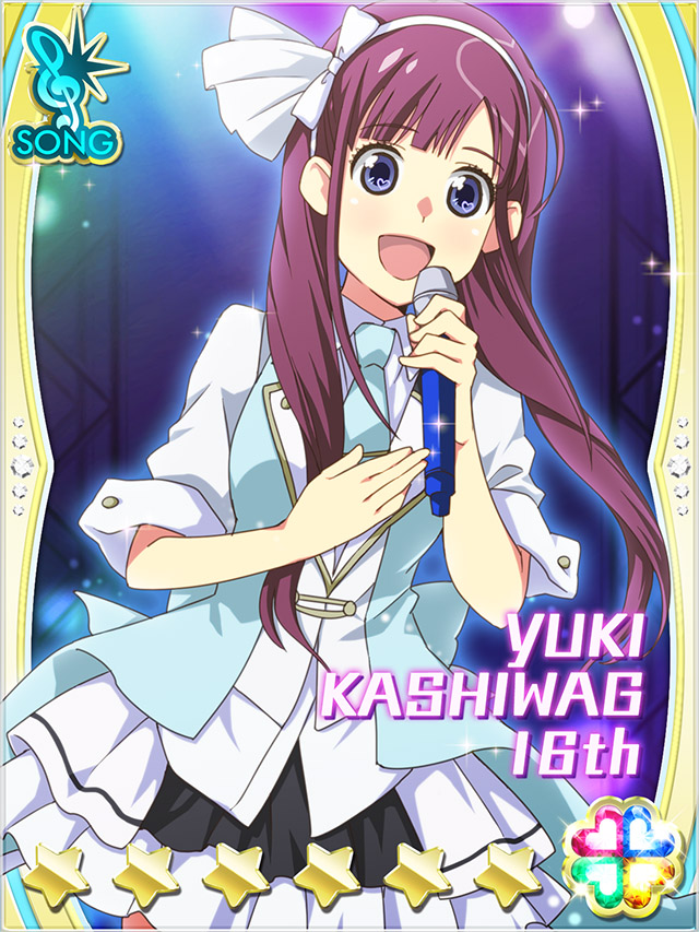 1girl :d akb0048 blue_eyes blue_necktie blunt_bangs bow card_(medium) character_name concert cowboy_shot fanged_bangs hair_bow hairband hand_on_own_chest heart holding holding_microphone kashiwagi_yuki_(akb0048) long_hair microphone miniskirt music necktie non-web_source official_art open_mouth pleated_skirt purple_hair short_sleeves singing skirt smile solo sparkle stage_lights standing star_(symbol) white_bow white_hairband