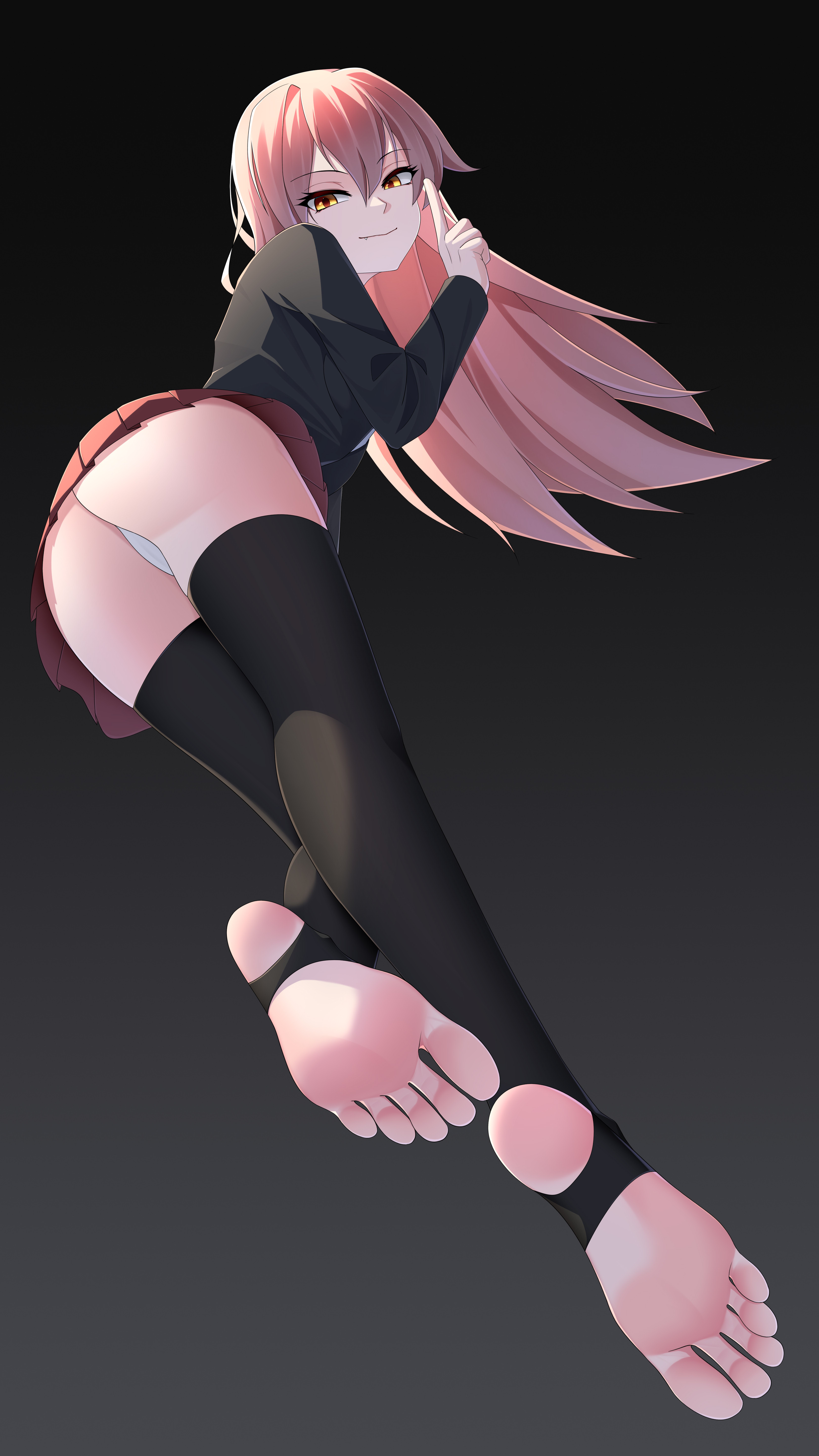 arendelle, gina (undead unluck), undead unluck, absurdres, highres, 1girl,  ass, barefoot, fang, feet, light smile, long hair, looking at viewer,  looking back, panties, pantyshot, pink hair, soles, stirrup legwear,  toeless legwear, toes,