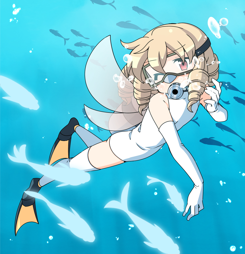 1girl air_bubble blonde_hair bubble commission dairi detached_sleeves diving_mask drill_hair fairy fairy_wings fish flippers goggles in_water looking_to_the_side luna_child one-piece_swimsuit one_eye_closed red_eyes scuba scuba_gear short_hair skeb_commission solo swimsuit touhou underwater wings