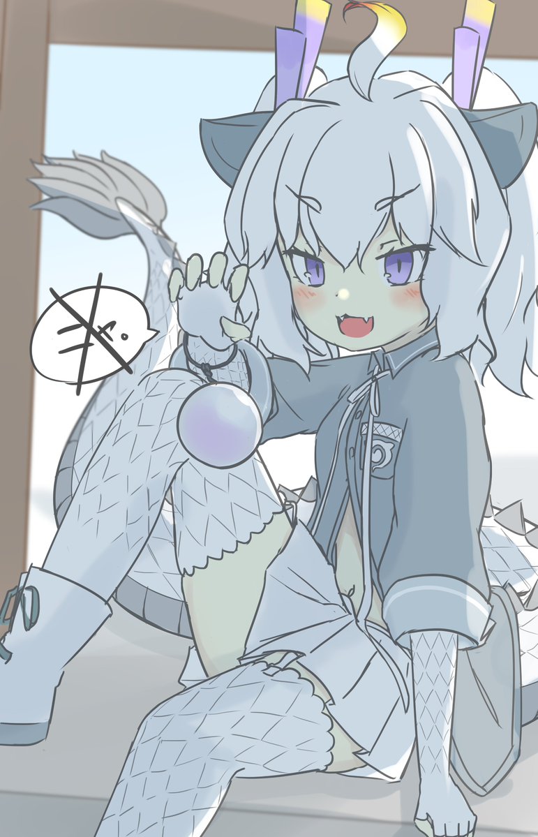 1girl ahoge character_request chinese_zodiac claw_pose copyright_request dragon_girl dragon_horns dragon_tail fang fingerless_gloves gloves horns new_year onefiresticks open_mouth purple_eyes shoes solo speech_bubble tail thighhighs year_of_the_dragon zettai_ryouiki