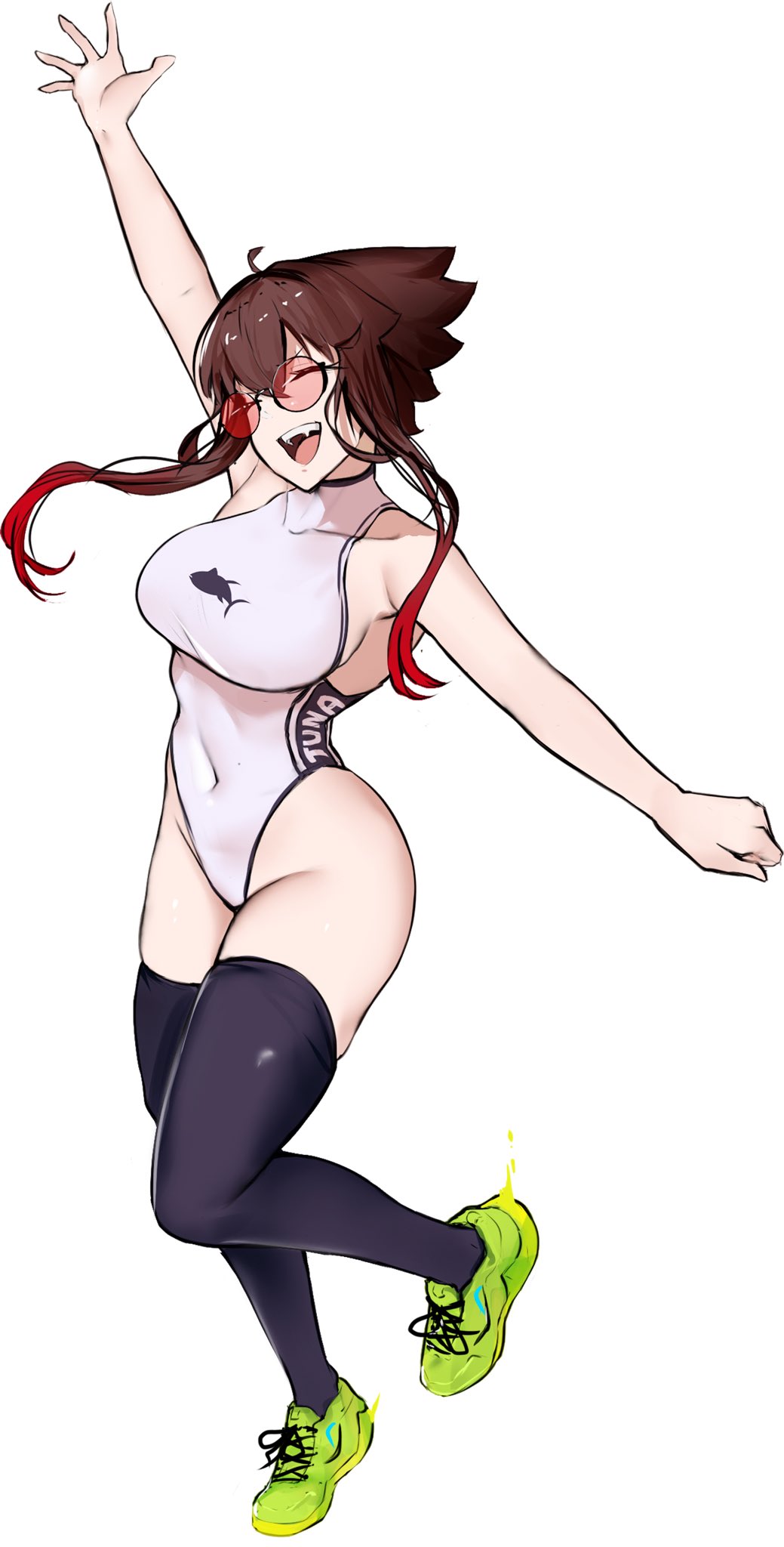 1girl :d arm_up black_thighhighs breasts brown_hair closed_eyes covered_collarbone covered_navel full_body heattech_leotard highleg highleg_leotard highres large_breasts leotard liz_(nin_fake) multicolored_hair nin_fake open_mouth original red-tinted_eyewear red_hair shoes short_hair short_hair_with_long_locks simple_background sleeveless_turtleneck_leotard smile sneakers solo standing sunglasses teeth thighhighs tinted_eyewear turtleneck upper_teeth_only white_background white_leotard