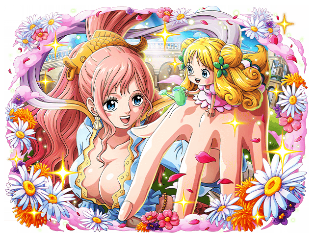 2girls blonde_hair blue_eyes blush breasts child cleavage earrings giant giantess holding jewelry large_breasts long_nose mansherry_(one_piece) multiple_girls one_piece open_mouth pink_hair shirahoshi smile