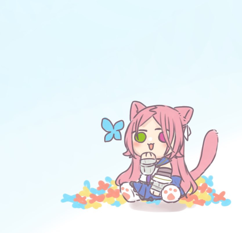 1girl :3 :d animal_ears animal_hands assault_lily blue_background blue_butterfly blue_flower blue_sailor_collar blue_skirt blush bug butterfly cat_ears cat_girl cat_paws cat_tail chibi commentary detached_sleeves flower full_body gradient_background green_eyes hand_on_own_chin hand_up heterochromia insect kemonomimi_mode layered_sleeves long_hair long_sleeves looking_at_animal miniskirt neckerchief nigari_(ngari_0115) odaiba_girls_high_school_uniform open_mouth parted_bangs paw_shoes pleated_skirt purple_neckerchief red_eyes red_flower red_hair sailor_collar school_uniform serafuku shiba_tomoshibi shirt shoes sitting skirt sleeveless sleeveless_shirt smile solid_eyes solo tail tail_raised very_long_hair white_background white_shirt white_shoes yellow_flower