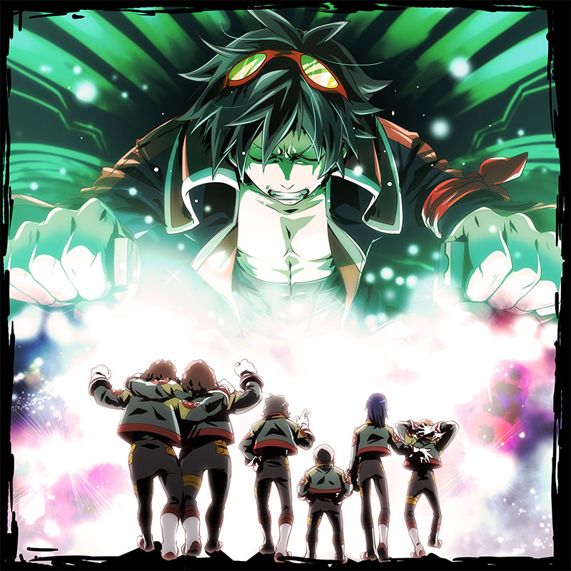 00s 6+boys ailac_coega arm_around_shoulder barinbo clenched_teeth closed_eyes from_behind goggles goggles_on_head jogan kidd_coega makken male_focus multiple_boys simon_(ttgl) teeth tengen_toppa_gurren_lagann umapan zoushi_kanai
