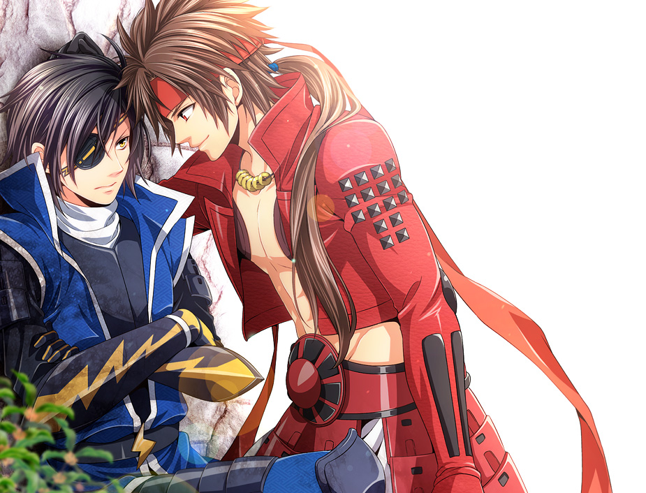 2boys abs black_hair brown_hair crossed_arms date_masamune_(sengoku_basara) eye_contact eyepatch frown headband jacket jewelry kabedon long_hair looking_at_another low_ponytail male_focus multiple_boys necklace no_shirt ponytail red_eyes red_headband red_jacket sanada_yukimura_(sengoku_basara) sengoku_basara short_hair smile toned toned_male warabi_(waradoko) white_background yaoi