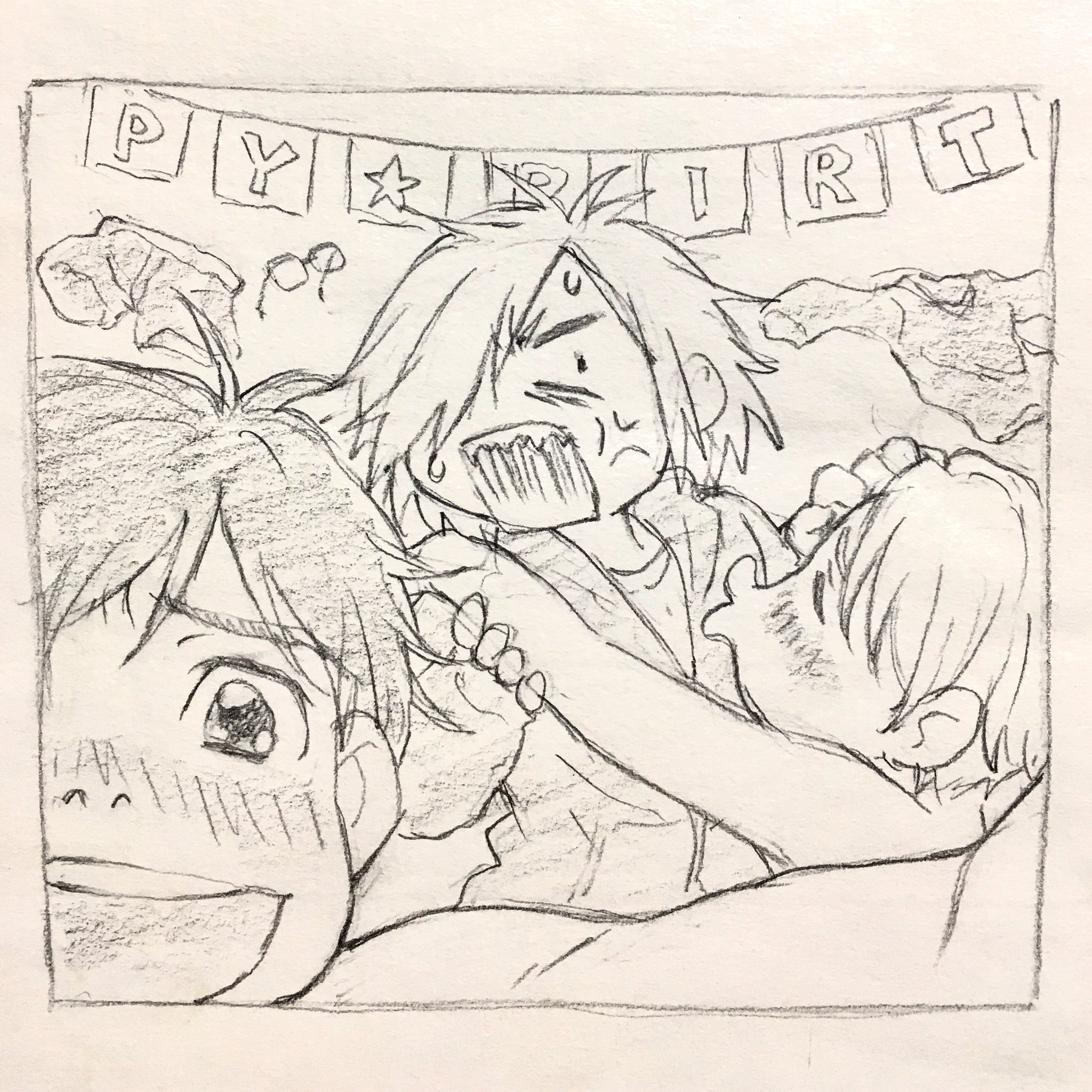 10s 3boys anger_vein blush unworn_clothes drunk unworn_eyewear glasses graphite_(medium) hair_over_one_eye highres hood hoodie itou_noriko katsuki_yuuri male_focus monochrome multiple_boys official_art open_mouth sharp_teeth sketch smile teeth traditional_media viktor_nikiforov yuri!!!_on_ice yuri_plisetsky