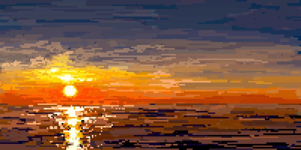 gradient_sky hisachan55cute horizon no_humans ocean original pixel_art reflection reflective_water scenery sky sun sunset