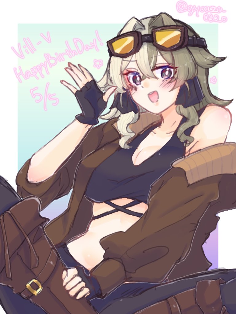 1girl black_gloves black_pants blue_background boots breasts brown_boots brown_hair brown_jacket cleavage crop_top fingerless_gloves gloves goggles goggles_on_head grey_eyes gyouza_(gyouza0320) happy_birthday honkai_(series) honkai_impact_3rd indian_style jacket large_breasts medium_hair midriff missing_commentary open_mouth pants sitting solo twitter_username vill-v