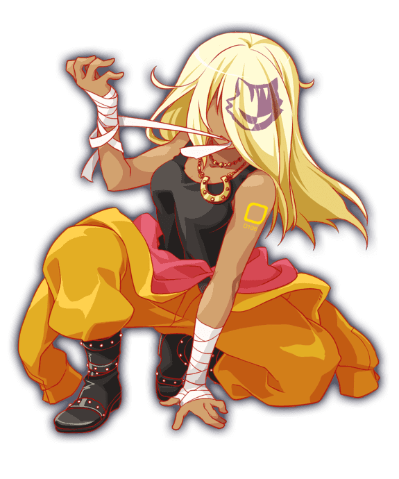 1girl achilles_(crash_fever) anime_coloring ankle_boots artist_request bandaged_arm bandaged_hand bandages bare_shoulders black_boots black_tank_top blonde_hair boots breasts covered_eyes crash_fever dark-skinned_female dark_skin full_body game_cg gold_necklace hair_over_eyes hand_on_ground horseshoe horseshoe_necklace jewelry jumpsuit jumpsuit_partially_removed leather leather_boots long_hair medium_breasts mouth_hold multicolored_hair necklace number_tattoo numbered official_art on_one_knee outline red_outline serious shoulder_tattoo simple_background solo square square_tattoo straight_hair streaked_hair tachi-e tank_top tattoo third-party_source transparent_background two-tone_hair yellow_jumpsuit yellow_theme