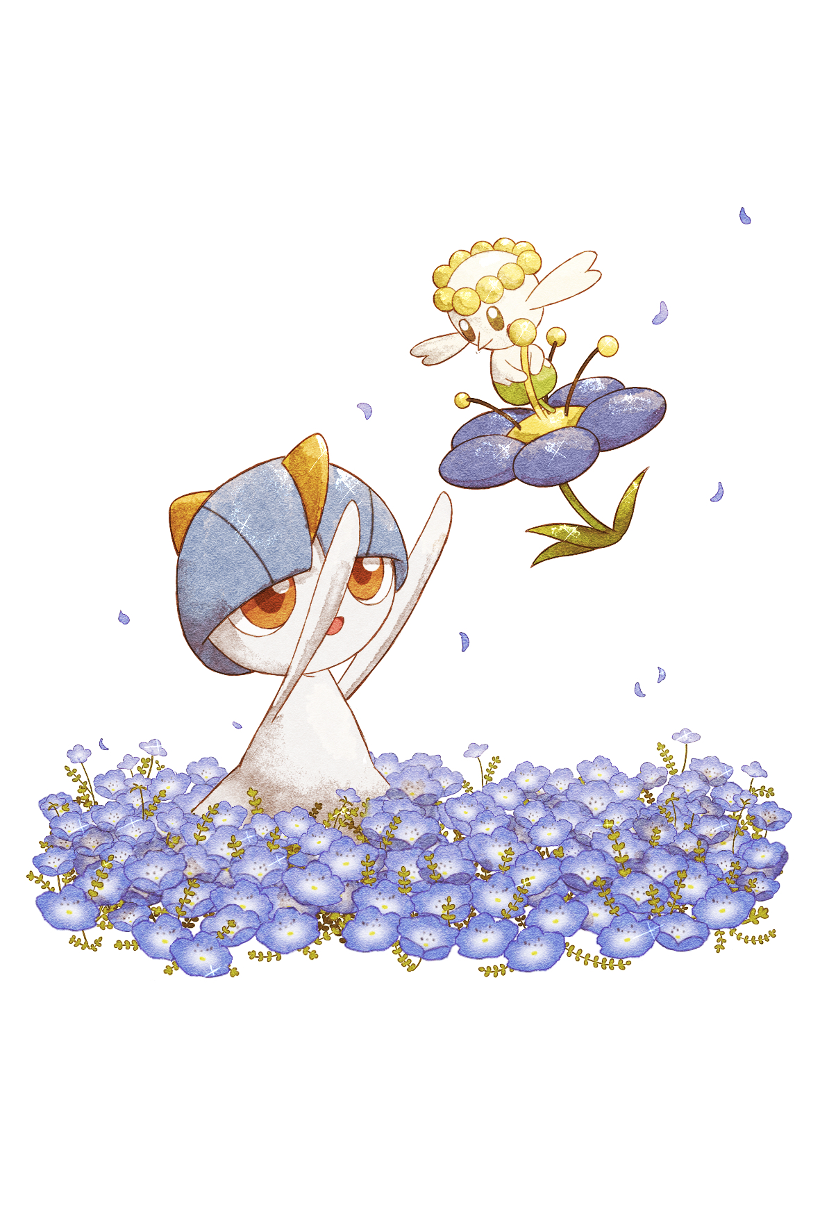 :d alternate_color arms_up blue_flower commentary_request eye_contact falling_petals flabebe flower gen_3_pokemon gen_6_pokemon highres holding holding_flower looking_at_another mozuku_1313 nintendo no_humans open_mouth orange_eyes petals pokemon pokemon_(creature) pokemon_focus ralts shiny_pokemon smile white_background