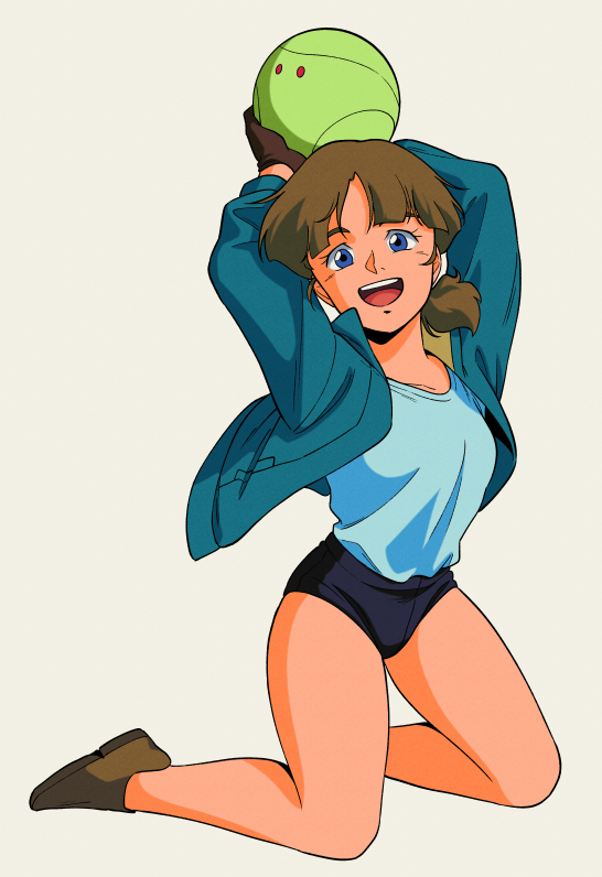 1990s_(style) 1girl artist_request blouse blue_eyes blue_shirt brown_hair genderswap genderswap_(mtf) gloves gundam haro hasemil jacket looking_at_viewer medium_hair ponytail retro_artstyle robot shirt short_shorts shorts smile uso_evin uso_ewin victory_gundam