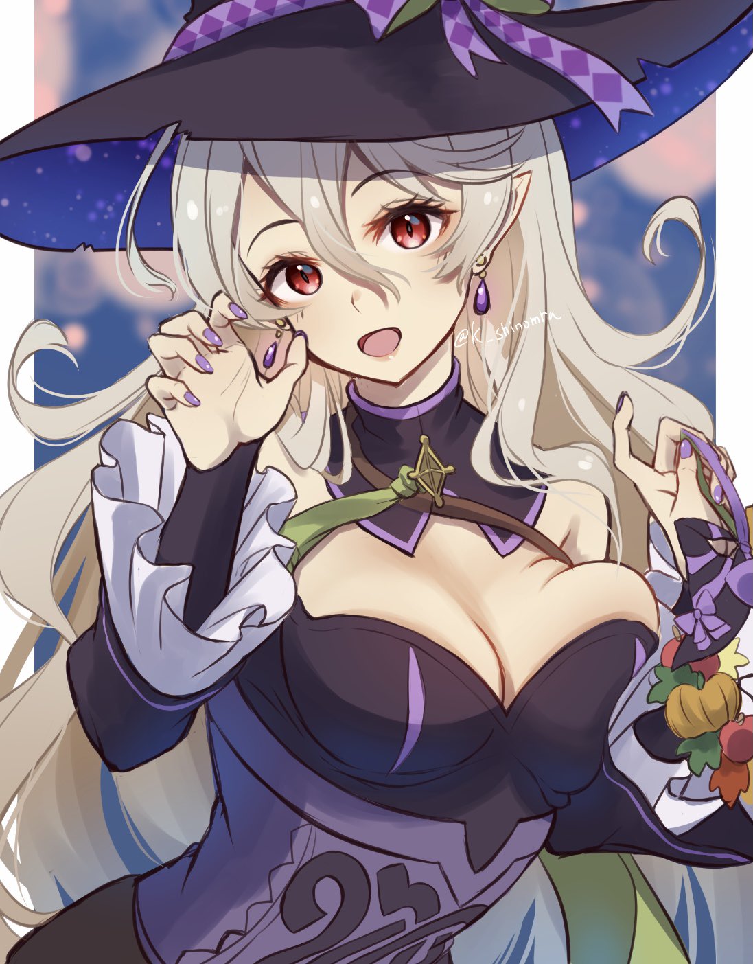 1girl breasts cleavage corrin_(female)_(fire_emblem) corrin_(female)_(halloween)_(fire_emblem) dress earrings fire_emblem fire_emblem_fates fire_emblem_heroes grey_hair hair_between_eyes hat highres jewelry karashino long_hair looking_at_viewer medium_breasts nail_polish nintendo official_alternate_costume open_mouth pointy_ears purple_nails red_eyes slit_pupils solo twitter_username upper_body witch_hat