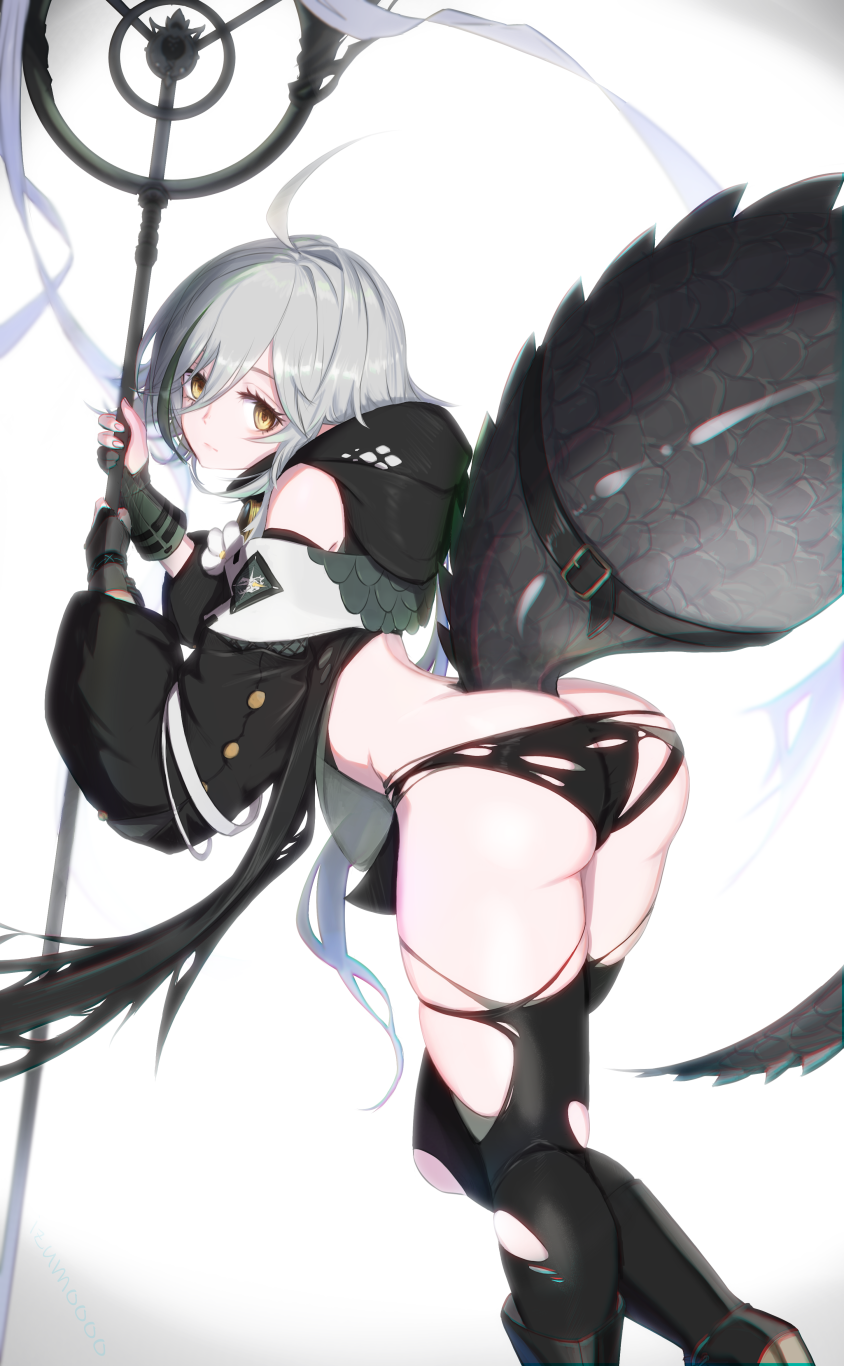 1girl ahoge arknights ass black_jacket black_panties black_thighhighs butt_crack crocodilian_tail feet_out_of_frame from_behind gloves green_gloves green_hair grey_hair hair_between_eyes highres holding holding_staff hood hood_down izumo_(ton_63) jacket long_sleeves looking_at_viewer looking_back multicolored_hair panties partially_fingerless_gloves short_hair simple_background solo staff streaked_hair tail thighhighs thighs tomimi_(arknights) torn_clothes torn_panties torn_thighhighs underwear white_background yellow_eyes