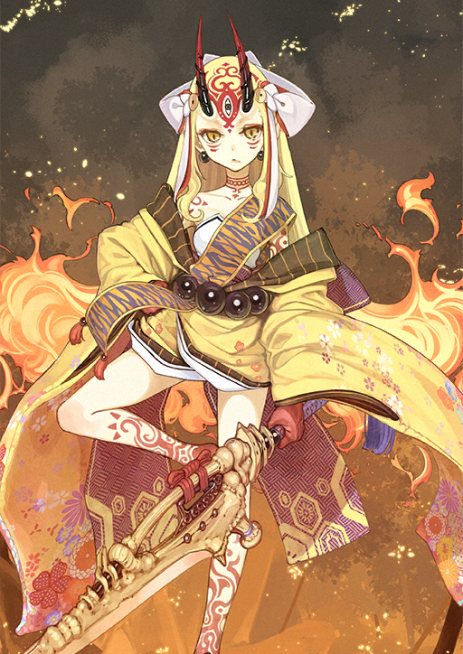 1girl arm_at_side bare_legs black_horns blonde_hair breasts brown_background closed_mouth collarbone colored_extremities colored_skin earrings facial_mark fate/grand_order fate_(series) fiery_hair foot_out_of_frame gradient_horns hand_on_own_hip headwear_request hidari_(left_side) holding holding_sword holding_weapon horns ibaraki_douji_(fate) japanese_clothes jewelry kimono leg_up leotard long_hair long_sleeves looking_at_viewer multicolored_horns multicolored_skin no_shoes obi obijime off_shoulder official_art oni pointy_ears purple_sash red_horns red_skin sash short_kimono shoulder_sash sidelocks single_bare_shoulder small_breasts solo sphere_earrings standing standing_on_one_leg strapless strapless_leotard sword tassel third-party_source two-tone_skin variant_set veins very_long_hair weapon white_leotard wide_sleeves yellow_eyes yellow_kimono
