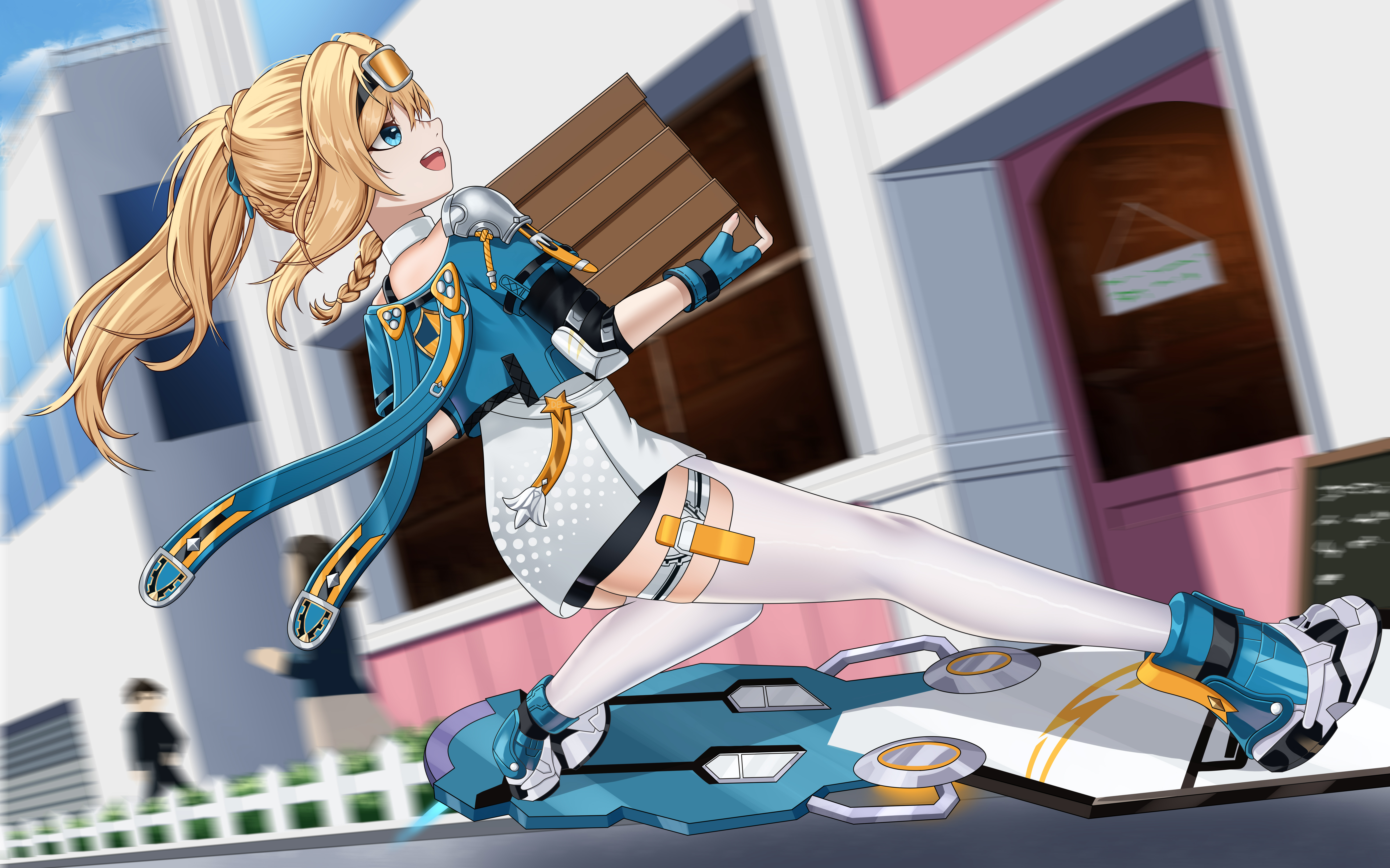 1boy 1girl 2girls absurdres aged_down aqua_gloves aqua_jacket black_shorts blonde_hair box braid durandal_(honkai_impact) durandal_(reign_solaris)_(honkai_impact) fingerless_gloves floating_hair from_behind gloves goggles goggles_on_head highres holding holding_box honkai_(series) honkai_impact_3rd jacket long_hair ming_zhao_shou_fu multiple_girls open_mouth outdoors ponytail shorts skating smile solo solo_focus teeth thighhighs upper_teeth_only white_thighhighs