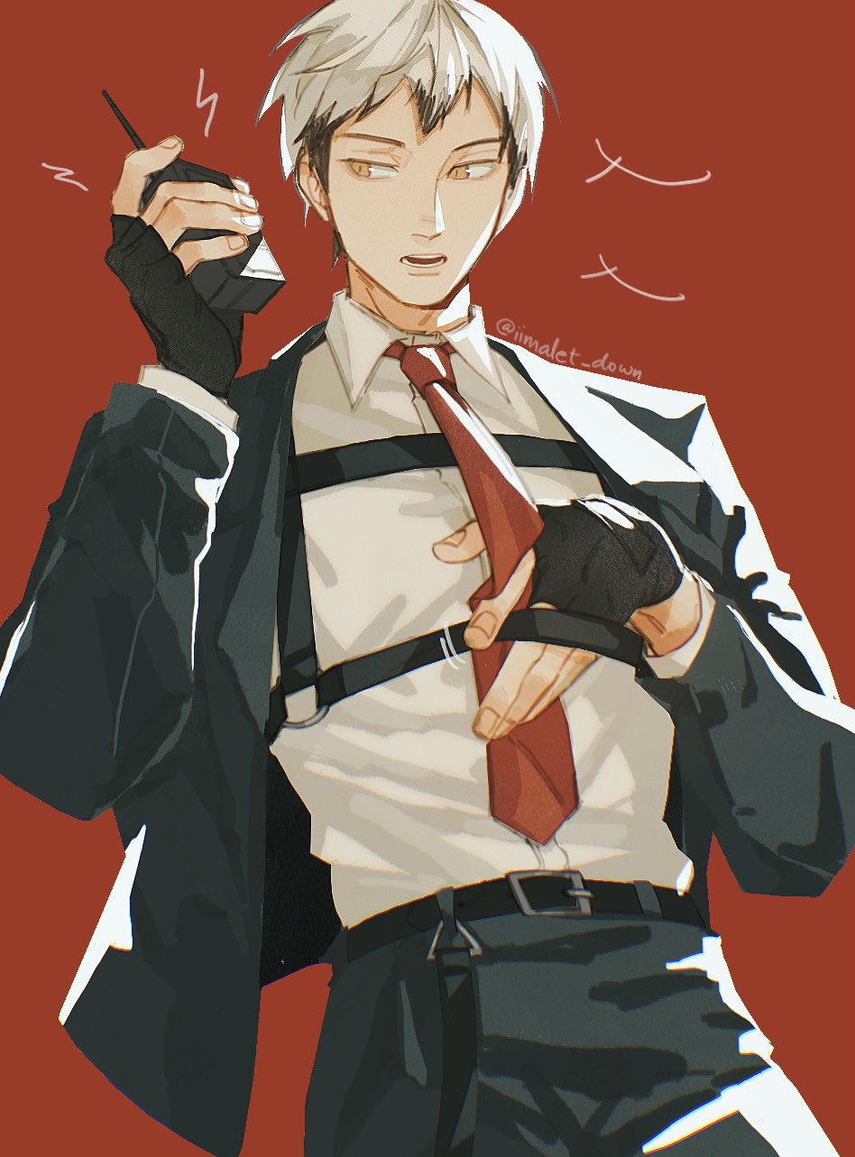 1boy alternate_costume belt belt_buckle black_belt black_gloves black_hair black_pants black_suit buckle chest_harness collared_shirt commentary cowboy_shot english_commentary formal_clothes gloves grey_hair haikyuu!! hair_between_eyes hand_on_own_chest harness highres holding holding_walkie-talkie jacket kita_shinsuke layered_sleeves long_sleeves looking_to_the_side male_focus multicolored_hair necktie open_clothes open_jacket open_mouth orange_eyes pants red_background red_necktie shirt shirt_tucked_in sideways_glance solo suit suit_jacket teeth tel_(iimalet_down) twitter_username two-tone_hair walkie-talkie white_shirt