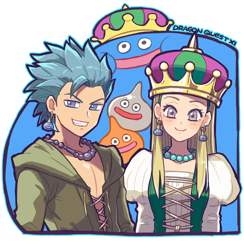 1boy 1girl 3others bead_necklace beads blonde_hair blue_eyes blue_hair camus_(dq11) commentary_request copyright_name cross-laced_clothes crown dragon_quest dragon_quest_xi dress earrings green_dress green_hairband green_tunic grey_eyes grin hairband head_tilt jewelry juliet_sleeves king_slime_(dragon_quest) long_hair long_sleeves looking_at_viewer mayuzumi metal_slime multiple_others necklace puffy_sleeves senya_(dq11) she-slime shirt shirt_under_dress short_hair slime_(dragon_quest) smile spiked_hair tunic white_background white_shirt