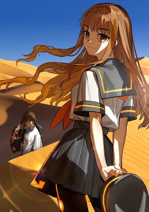 1boy 1girl arms_behind_back black_hat black_pantyhose black_sailor_collar black_skirt blue_sky breasts brown_eyes brown_hair closed_mouth cowboy_shot desert dual_persona fate/grand_order fate_(series) floating_hair from_behind game_cg hat high-waist_skirt holding holding_behind_back holding_unworn_clothes holding_unworn_hat kishinami_hakuno_(female) kishinami_hakuno_(female)_(mooncancer) kishinami_hakuno_(male) kishinami_hakuno_(male)_(mooncancer) lens_flare long_hair long_sidelocks looking_at_viewer looking_back matching_outfits miniskirt neckerchief official_art orange_neckerchief pantyhose peaked_cap pleated_skirt sailor_collar sand school_uniform serafuku shirt shirt_tucked_in short_sleeves sidelocks skirt sky smile solo_focus standing third-party_source unworn_hat unworn_headwear variant_set wada_arco white_shirt wide_sleeves