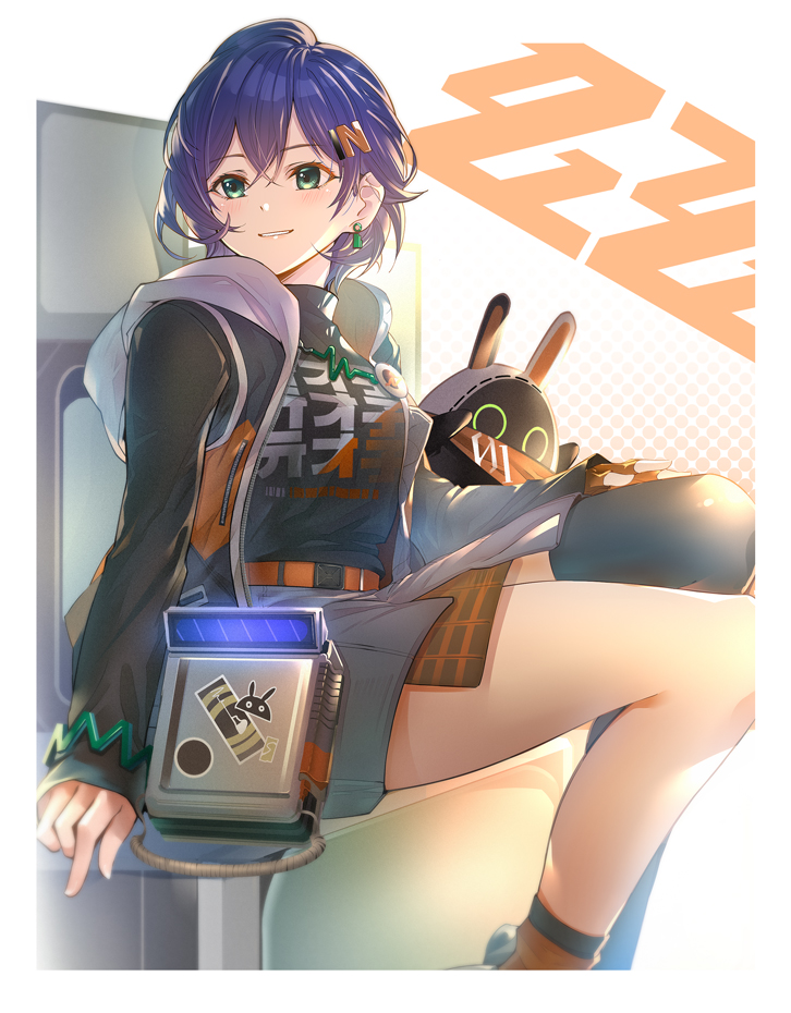 1girl bangboo_(zenless_zone_zero) belle_(zenless_zone_zero) belt black_shirt black_thighhighs blue_hair breasts clothes_writing earrings eous_(zenless_zone_zero) green_eyes grey_skirt hair_between_eyes jacket jewelry large_breasts long_sleeves looking_to_the_side multicolored_jacket orange_belt parted_lips reki_(dezuko) shirt short_hair sidelocks single_thighhigh skirt smile thighhighs white_hood zenless_zone_zero