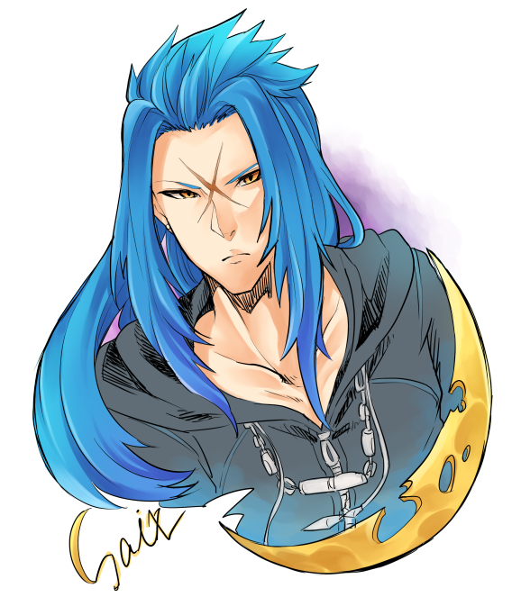 1boy black_coat black_coat_(kingdom_hearts) blue_hair character_name coat commentary_request crescent_moon cropped_torso cross_scar earrings escaburn expressionless hood hood_down hooded_coat jewelry kingdom_hearts long_hair male_focus moon saix scar scar_on_face sidelocks solo spiked_hair stud_earrings upper_body yellow_eyes