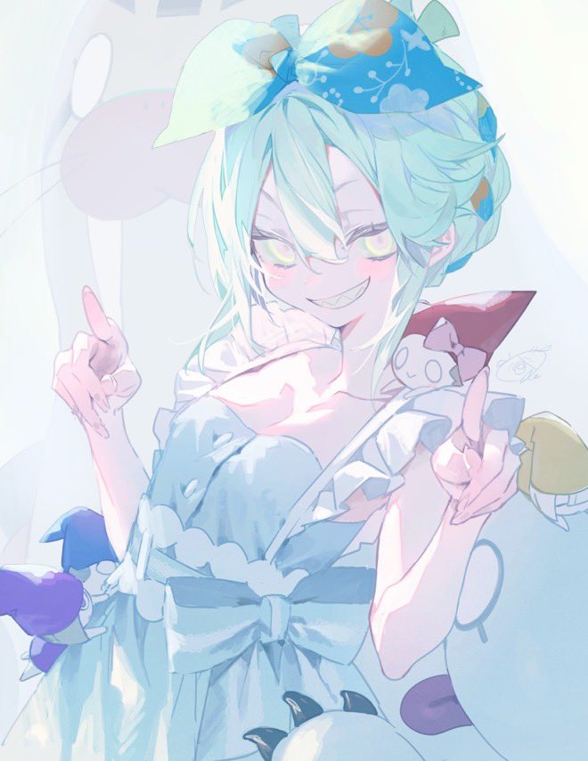 1girl bare_shoulders blue_dress blue_ribbon blush bow breasts bukurote collarbone dress fate/grand_order fate_(series) green_eyes green_hair grin hair_between_eyes hair_ribbon horns looking_at_viewer louhi_(fate) louhi_(first_ascension)_(fate) pointing pointing_at_viewer ribbon sharp_teeth short_hair sidelocks small_breasts smile teeth tonttu_(fate)