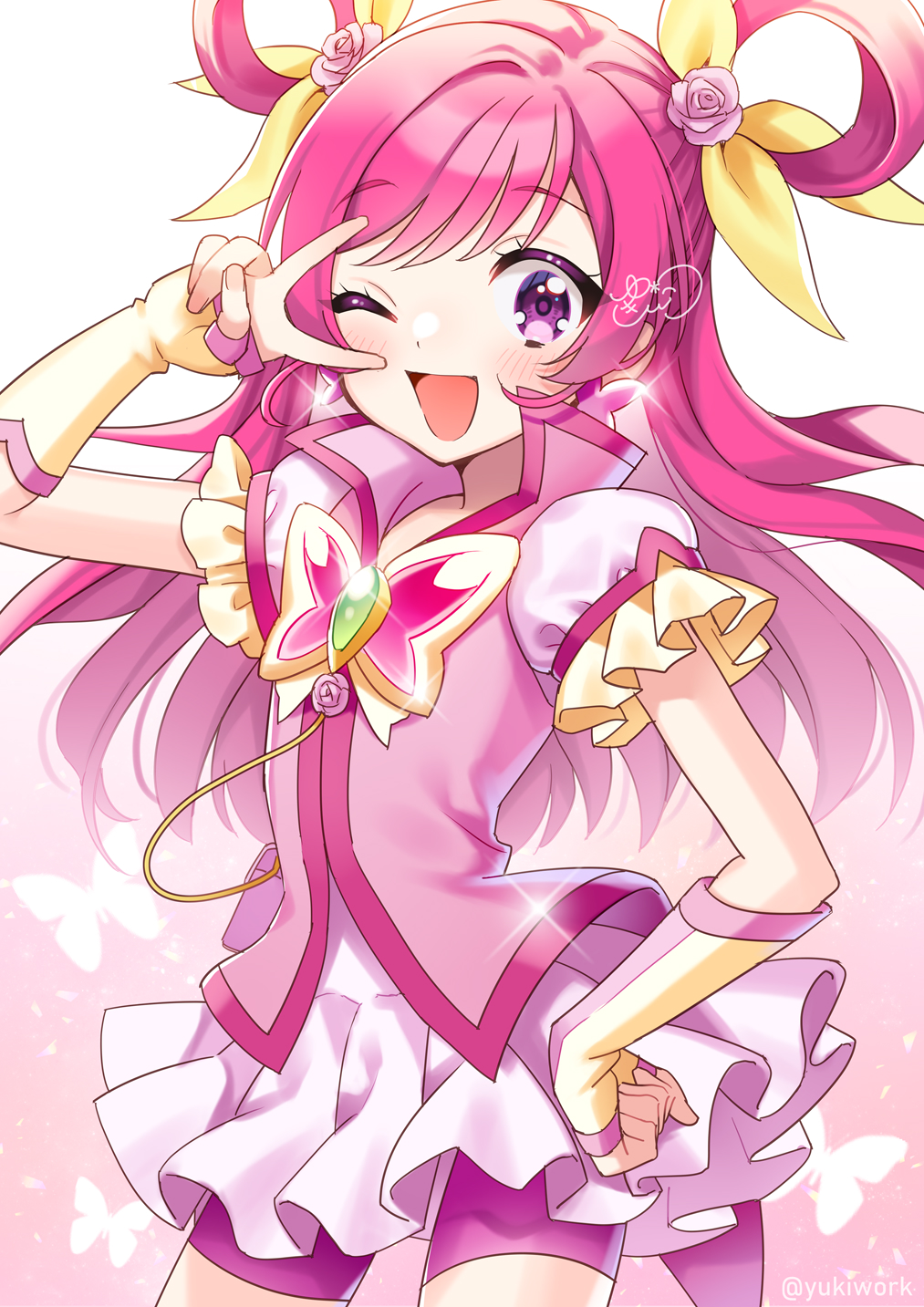 1girl artist_name bike_shorts bike_shorts_under_skirt blouse bug butterfly butterfly_brooch cowboy_shot cure_dream earrings frilled_skirt frilled_sleeves frills gloves hair_ribbon hair_rings half_gloves highres insect jewelry long_hair magical_girl miniskirt one_eye_closed open_mouth pink_eyes pink_hair pink_shirt pink_shorts precure puffy_short_sleeves puffy_sleeves ribbon shirt short_sleeves shorts signature skirt smile solo standing twitter_username v v_over_eye white_skirt yellow_gloves yellow_ribbon yes!_precure_5 yes!_precure_5_gogo! yukinko_(yukiwork) yumehara_nozomi