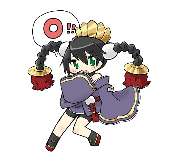 1girl ar_tonelico ar_tonelico_i bare_shoulders bike_shorts black_boots black_hair black_shorts blush boots braid chibi covering_own_mouth eyebrows female_focus full_body green_eyes hair_between_eyes head_tilt japanese_clothes long_hair long_sleeves looking_at_viewer misha_arsellec_lune open_mouth platform_boots platform_footwear serizawa_enono shorts simple_background sleeves_past_wrists solo speech_bubble standing twin_braids twintails white_background wide_sleeves
