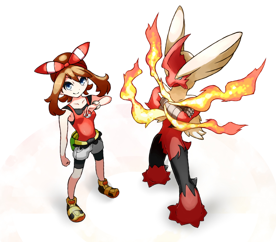 1girl blaziken blonde_hair blue_eyes brown_hair claws closed_mouth collarbone colored_sclera crossed_arms fire full_body gen_3_pokemon holding legs may_(pokemon) mega_blaziken mega_pokemon nintendo poke_ball poke_ball_(basic) pokemon pokemon_(creature) pokemon_oras rakia_(ds00309) sidelocks smile standing white_background yellow_sclera