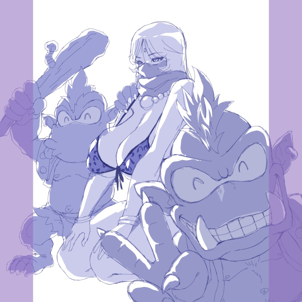 1girl 2boys alternate_costume breasts digimon goblin goburimon huge_breasts imminent_penetration jewelry looking_ahead monk multiple_boys necklace sanzomon scarf sitting smile swimsuit