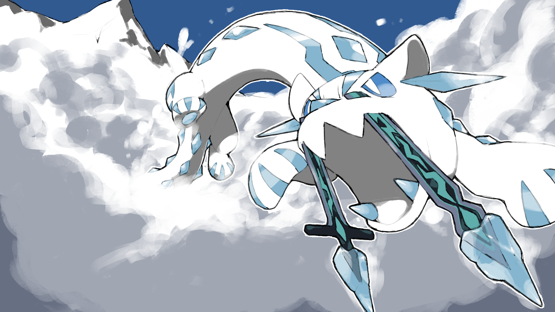 animal_focus blacknirrow blue_eyes bright_pupils chien-pao commentary fangs game_freak highres ice nintendo no_humans open_mouth pawpads pokemon pokemon_(creature) sharp_teeth skin_fangs snow_leopard teeth v-shaped_eyebrows white_pupils