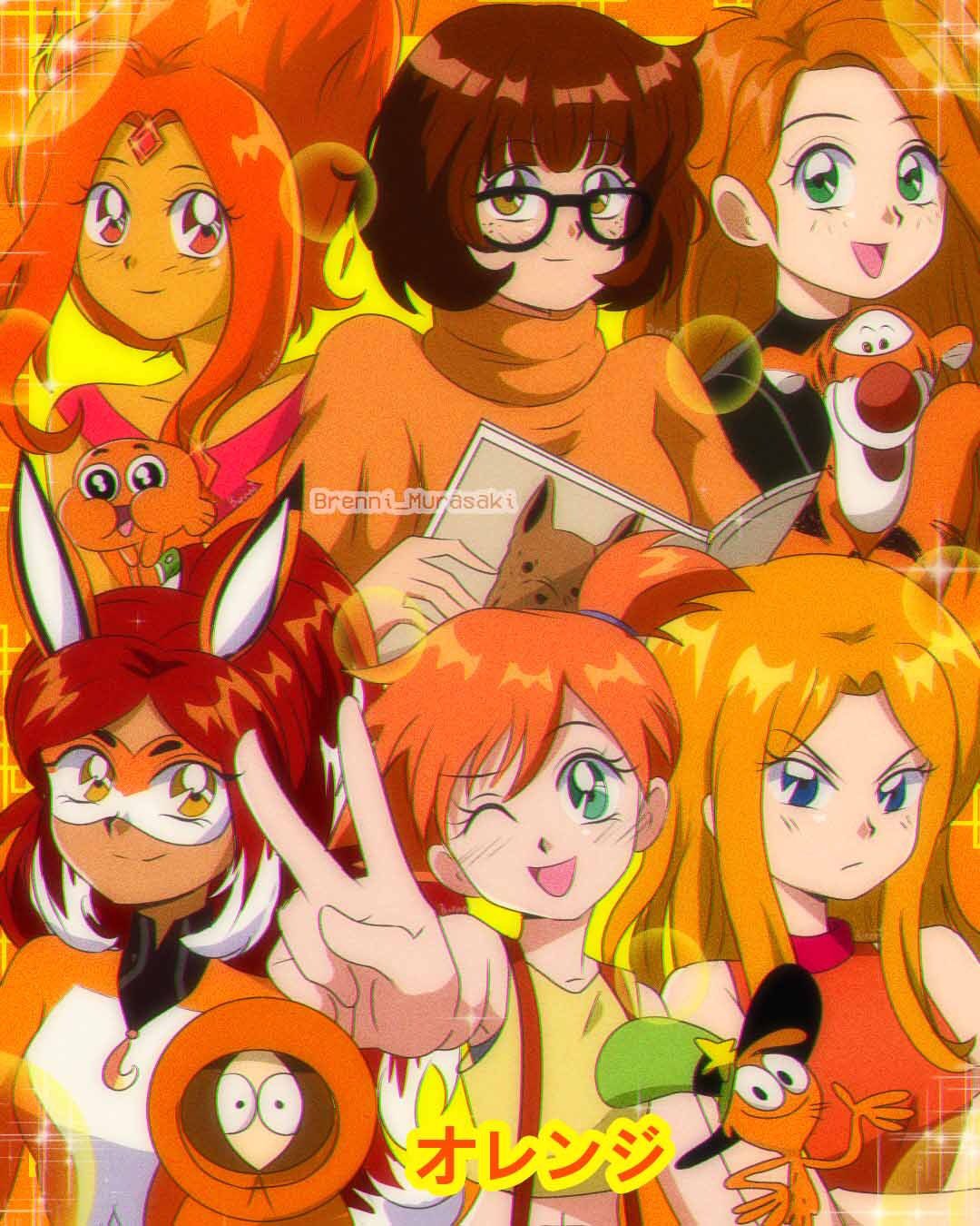 1990s_(style) 4boys 6+girls :d ;d adventure_time alya_cesaire animification annoyed black_eyes black_shirt blue_eyes book brenni_murasaki brown_hair candace_flynn character_request color_connection copyright_request crossed_arms crossover dark-skinned_female dark_skin darwin_watterson disney domino_mask fiery_hair fire flame_princess glasses green_eyes highres holding holding_book hood hoodie kenny_mccormick kim_possible kim_possible_(series) light_smile long_hair looking_at_viewer mask miraculous_ladybug misty_(pokemon) multiple_boys multiple_crossover multiple_girls nintendo one_eye_closed open_mouth orange_hair orange_hoodie orange_shirt orange_theme phineas_and_ferb pokemon pokemon_(anime) pokemon_(classic_anime) red_eyes red_hair rena_rouge retro_artstyle scooby-doo scooby-doo_(character) shirt side_ponytail smile south_park the_amazing_world_of_gumball tigger toon_(style) v velma_dinkley wander wander_over_yonder when_you_see_it winnie_the_pooh