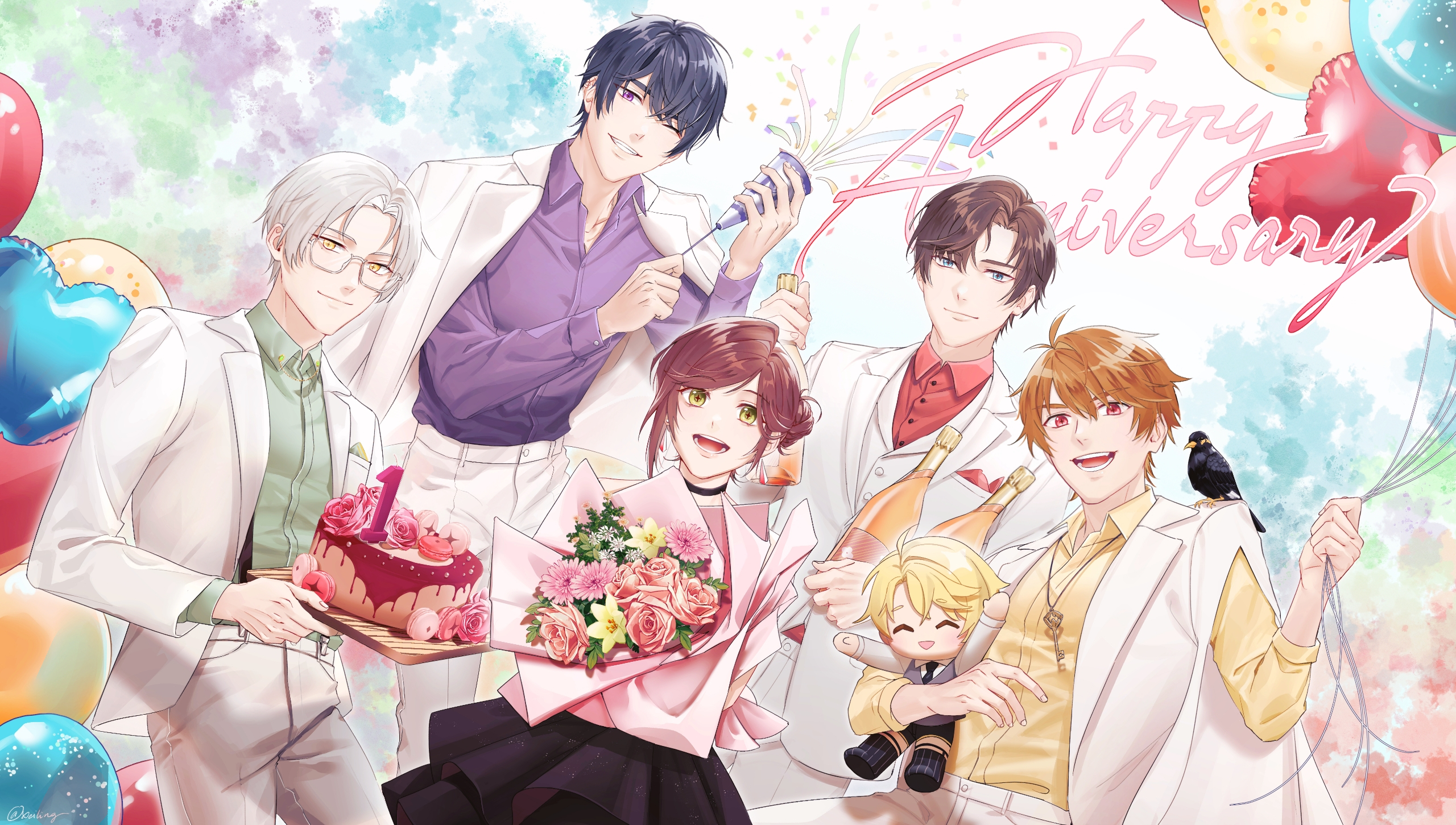 1girl 5boys :d alcohol anniversary artem_wing_(tears_of_themis) balloon bird black_necktie black_shorts black_skirt blonde_hair blue_eyes bouquet brown_eyes brown_hair cake champagne closed_eyes closed_mouth collared_shirt davis_(tears_of_themis) flower food formal_clothes glasses green_eyes green_shirt grey_vest grin highres holding holding_bouquet holding_food jacket jewelry key long_sleeves luke_pearce_(tears_of_themis) marius_von_hagen_(tears_of_themis) multiple_boys necklace necktie one_eye_closed open_mouth pants pink_flower pink_rose purple_eyes purple_hair purple_shirt red_shirt rosa_(tears_of_themis) rose shirt shorts skirt smile tears_of_themis teeth vest vyn_richter_(tears_of_themis) white_hair white_jacket white_pants xeiling yellow_eyes yellow_shirt