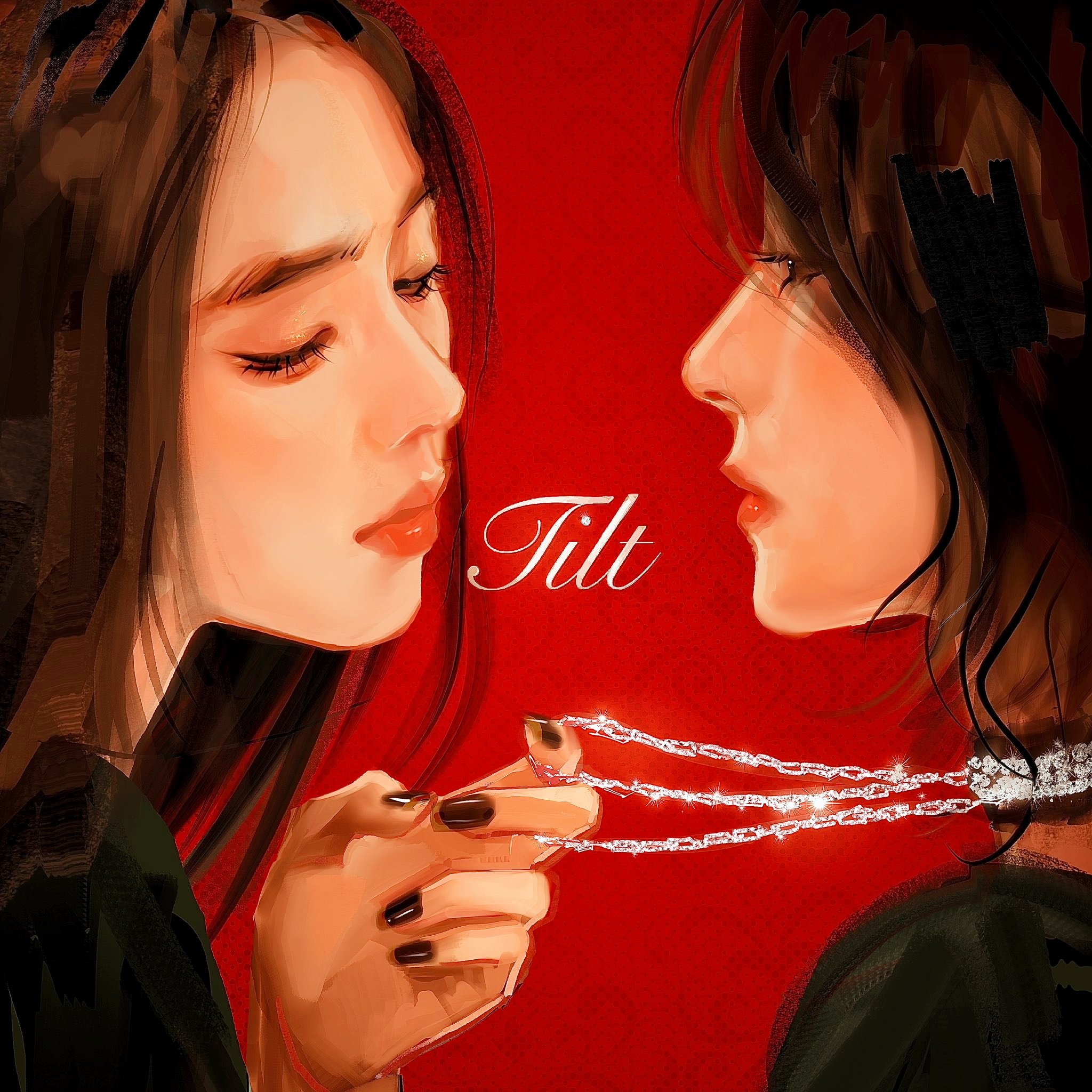 2girls black_hair black_nails english_text highres irene_(red_velvet) jewelry long_hair meolkyy multiple_girls necklace necklace_pull real_life red_background red_lips red_velvet_(group) seulgi_(red_velvet) short_hair song_name