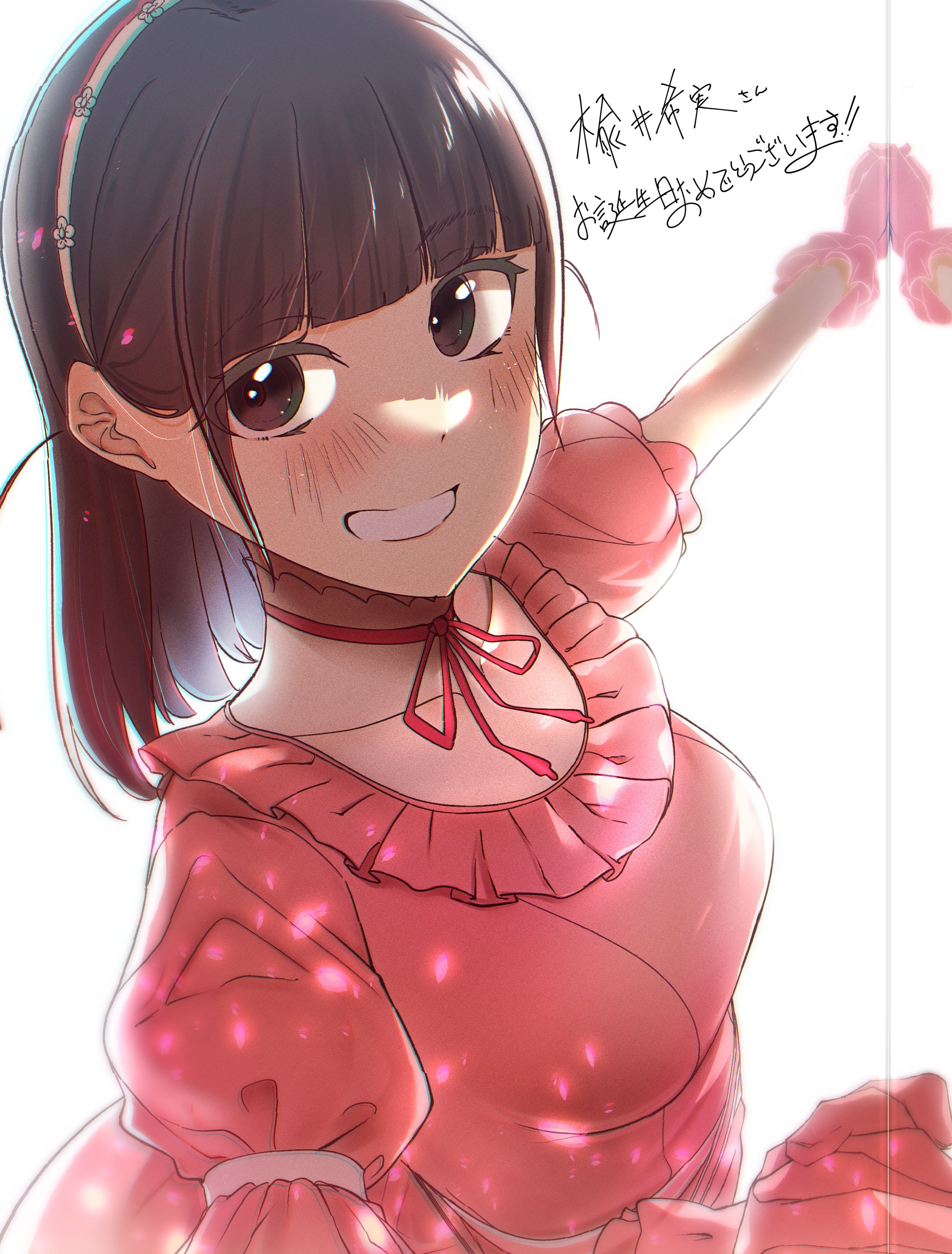 2girls :d absurdres animification blush breasts brown_eyes brown_hair character_name chromatic_aberration collarbone commentary_request cropped dress flower_hairband frilled_dress frilled_gloves frills gloves grin happy_birthday highres hinoshita_kaho holding_hands interlocked_fingers link!_like!_love_live! looking_at_viewer love_live! medium_breasts multiple_girls nirei_nozomi open_mouth pink_dress pink_gloves puffy_short_sleeves puffy_sleeves real_life reflection_in_the_mirror_(love_live!) see-through_clothes short_sleeves simple_background smile solo_focus translation_request upper_body voice_actor voice_actor_connection white_background yaa-kun