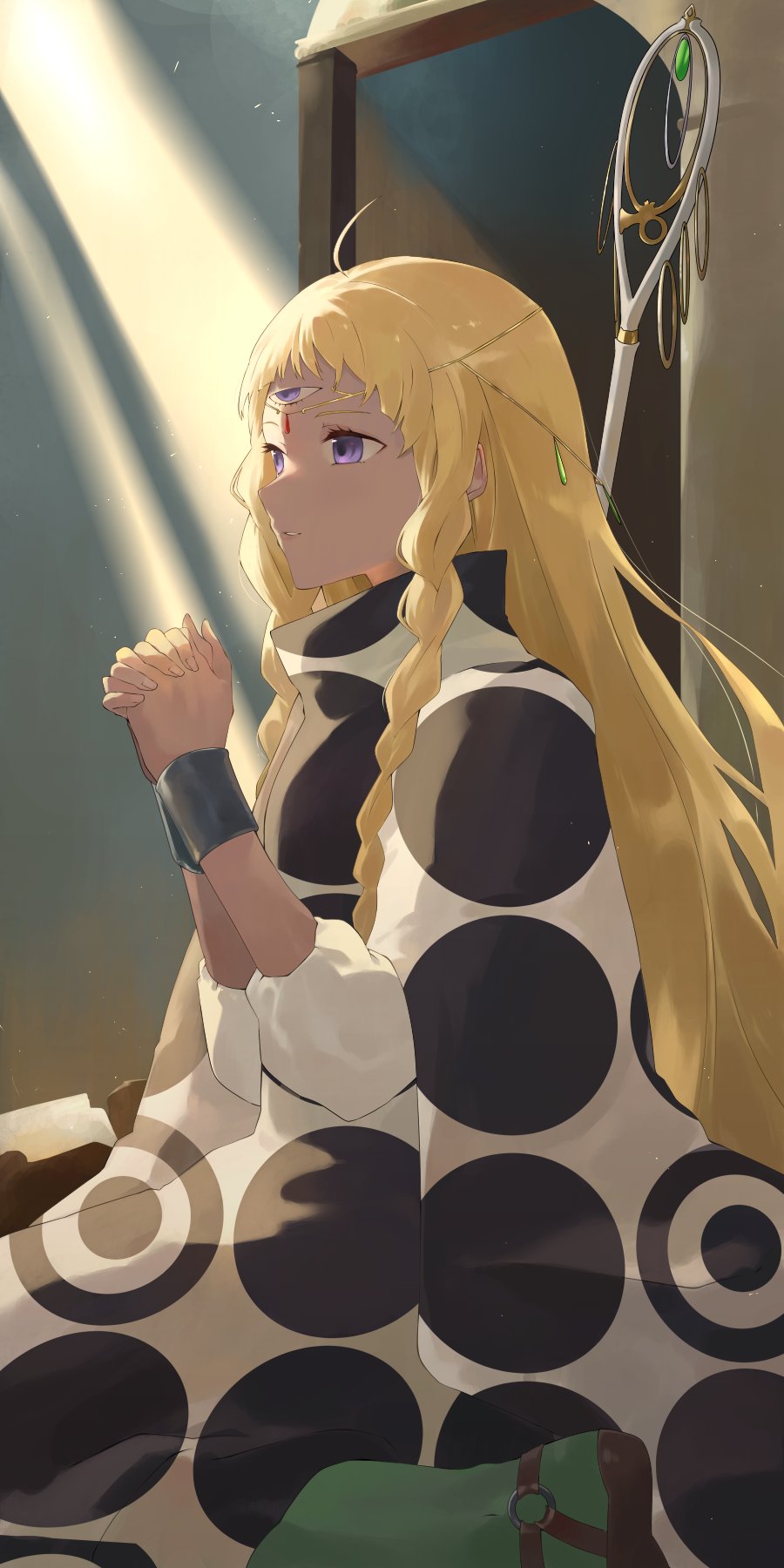 1girl blonde_hair bracelet braid commentary dark-skinned_female dark_skin eupha_(metaphor:_refantazio) fingernails highres indoors jewelry konchi_(63438789) long_hair metaphor:_refantazio own_hands_together poncho purple_eyes sitting solo staff third_eye twin_braids very_long_hair