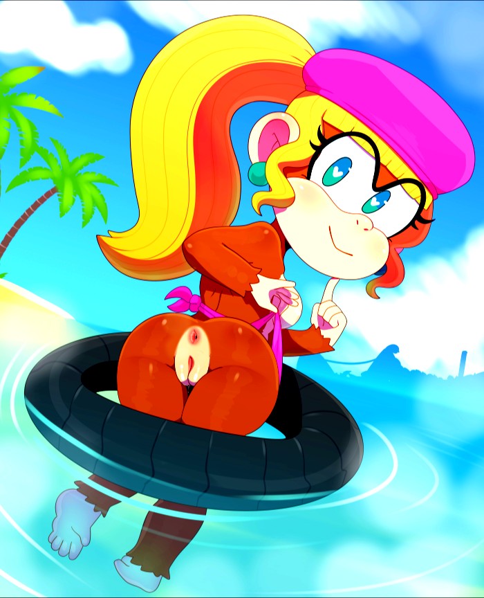 1girl anus ape ass back blonde_hair blue_eyes cleft_of_venus dixie_kong donkey_kong_(series) donkey_kong_country furry innertube nintendo palm_tree ponytail pussy rareware swim_ring tree water