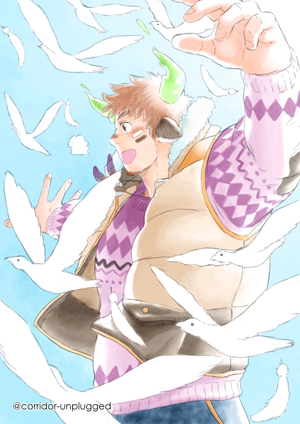 1boy :d alternate_costume animal_ears bara bird blush brown_eyes brown_hair casual cow_boy cow_ears cow_horns cowboy_shot eye_black fiery_horns flying forked_eyebrows from_side glowing_horns highres horns male_focus mature_male open_mouth pectorals profile revision short_hair smile solo spiked_hair swan sweater thick_eyebrows tokyo_houkago_summoners unplugged_line wakan_tanka wind winter_clothes