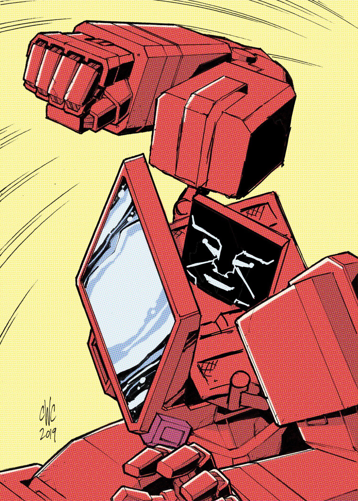 1980s_(style) 1boy autobot casey_w._coller clenched_hand commentary dated english_commentary highres ironhide mecha no_humans oldschool open_hand parody punching retro_artstyle robot science_fiction signature solo transformers yellow_background